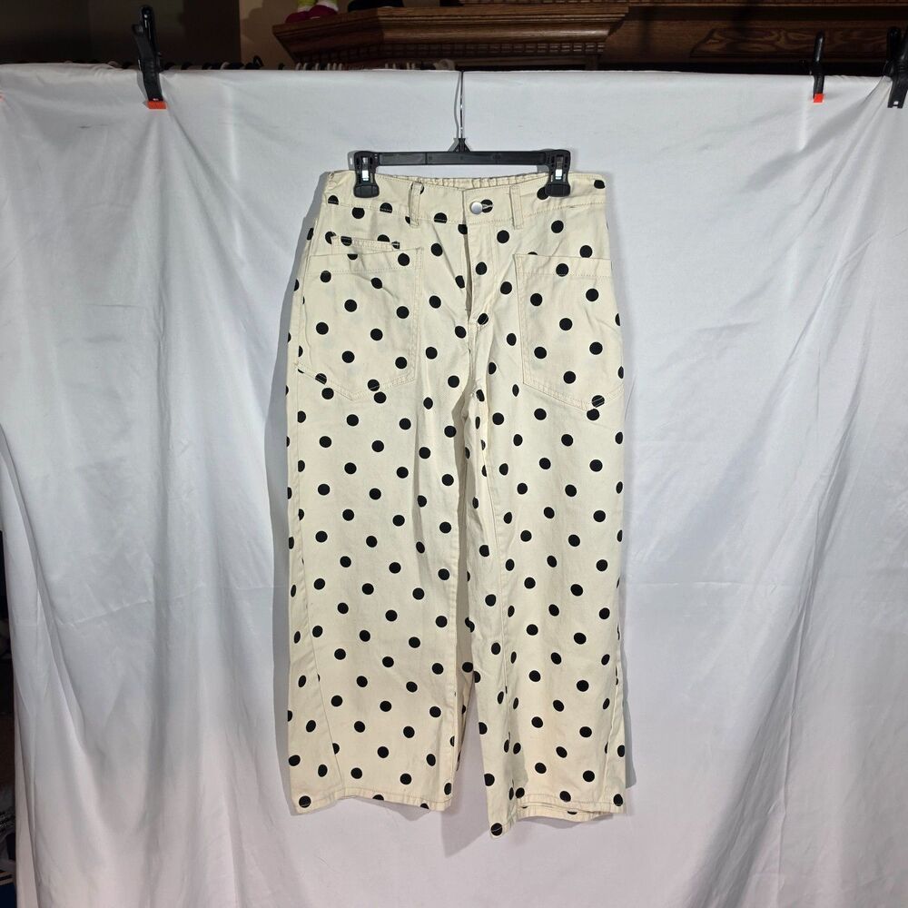 Cream Black Polka Dot Elastic Waist Wide Leg Twill Pants 30
